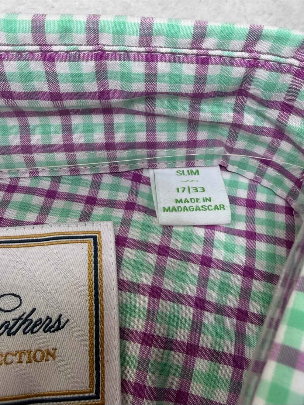 Brooks Brothers Thomas Mason Purple Green Check Dress Shirt NWT 17/33 Slim Fit